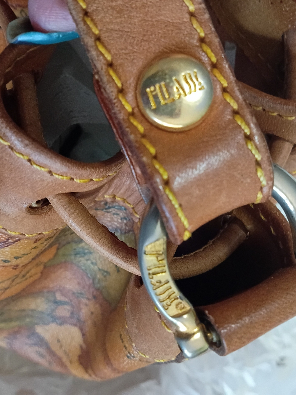 Alviero Martini Tan & Brown Map-Print Leather Drawstring Crossbody Bag - Picture 7 of 16